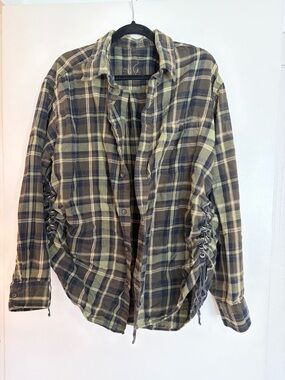 Lace-Up Side Plaid Shirt Jacket - Olive & Black